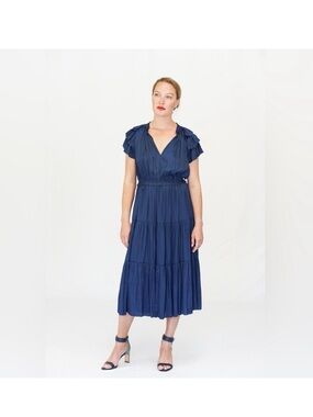 Navy Tiered V-Neck Midi Dress